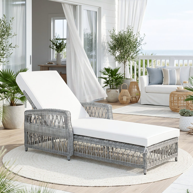 Chaise longue d'extérieur en osier avec coussins, Beige, 1 pièce