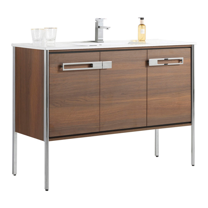 48" Single Bathroom Vanity, Polished Chrome, Walnut Ebony