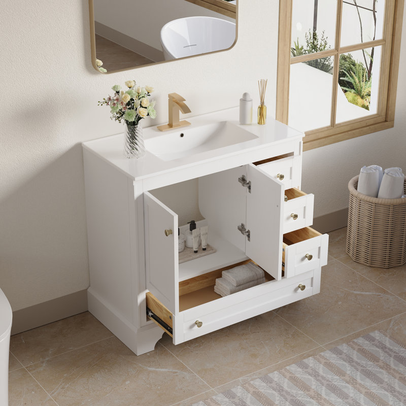Modern 36" W X 34.1" H Bath Solid Wood Vanity, Cupc Ceramic Basin, And Gold Aluminum Handles,DTC Soft-Close Hinges, White
