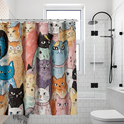 Colorful Cat Illustrations Shower Curtains for Bathroom, 71 × 71 inch