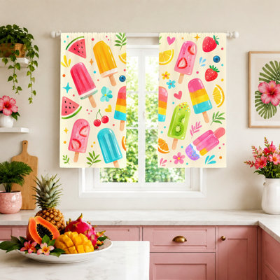 2Pcs Cute Ice Pop Curtains, Light Filtering Fabric, Colorful Popsicle and Fruit Print Pattern, Decorative Privacy Protection, Rod-Pocket Design, Suitable for Girls Room, Playroom, Kitchen Home Decoration