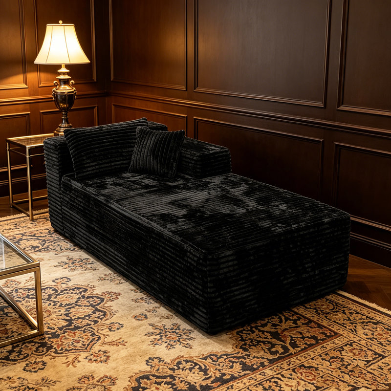 Canapé de 66 po en velours côtelé noir, siège bas à profil bas avec oreiller, canapé-lit simple sans assemblage pour le salon, la chambre à coucher
