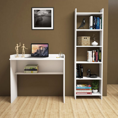 Modern Study Desk & Bookshelf Set, White, 35.4 x 31.5 x 22.8 inches | 100% Melamine Coated Particle Board, Desk Height: 31.5 inches, Bookshelf Height: 63.0 inches | Multiple Shelves, Wall-Mountable, Stylish & Functional Design