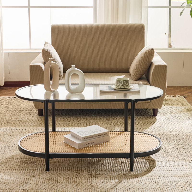 Oval Black Iron Frame Paired with Changhong Glass + PVC Woven Rattan Double-layer Coffee Table , Black