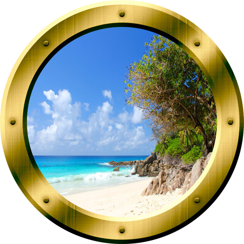 Décalcomanie murale hublot îlot beach view 3d, H 14 po x l 14 po x P 0,01 po, Or