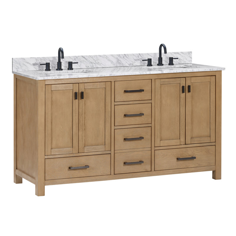 Modero 60" Double Bathroom Vanity with Top, Carrara White, Brushed Oak, Black