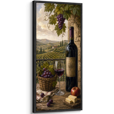 Extra Large Vintage Vineyard Still Life with Red Wine Bottle Grapes Glass and Countryside View Print Wall Art