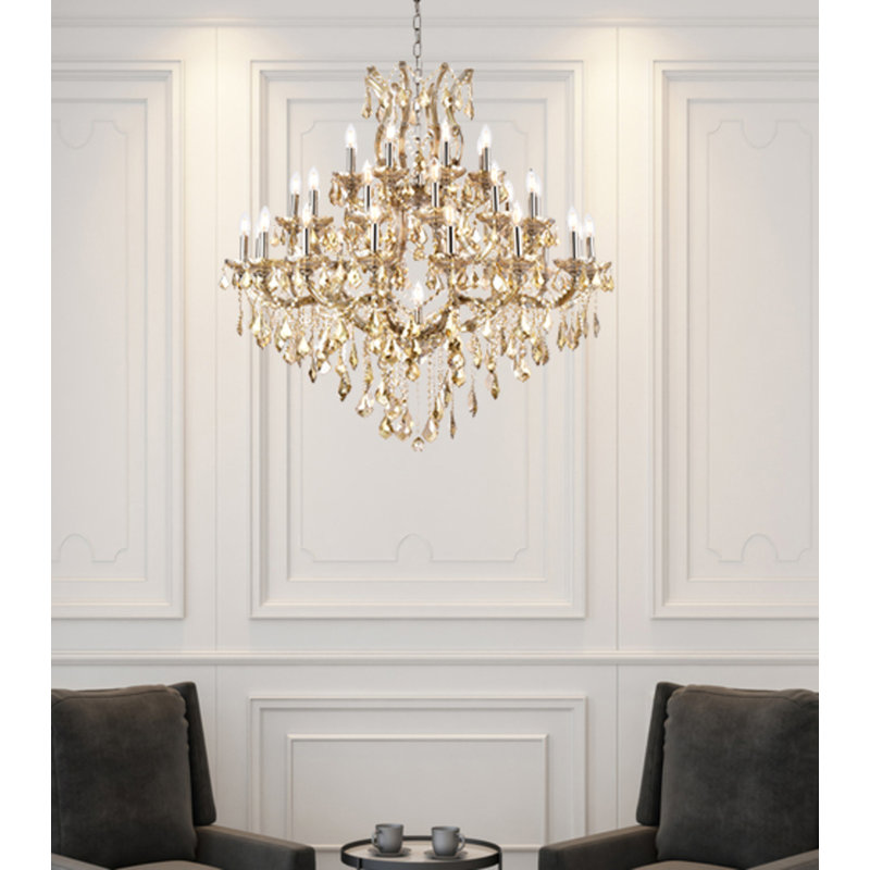 Lustre étagé de style bougie à 37 lumières Stockard, Teck doré, Swarovski Spectra, Teck doré