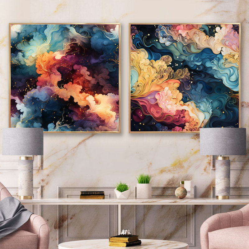Cynthea - Ensemble de 2 collages abstraits carrés, Cadre flottant doré, H 36 po x l 73 po