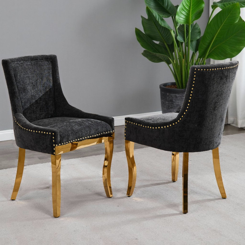 Ensemble de 2 chaises de salle à manger modernes 2 pièces, garniture en chenille avec pieds plaqués or et garniture de rivet
