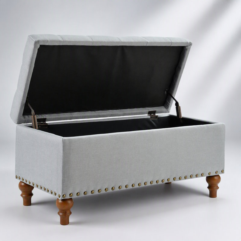 Banc coffre ottoman en lin avec charnière facile à ouvrir, garniture rivetée et utilisation polyvalente pour la chambre et le salon