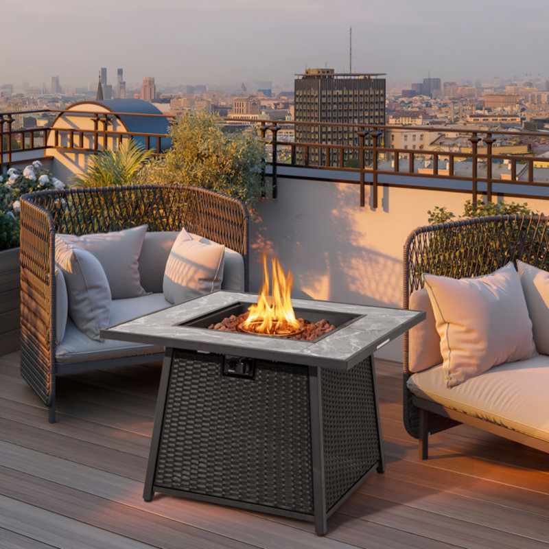 35 in. Propane Gas Fire Pit Table, 50,000 BTU Outdoor Square Wicker Rattan with Lava Rocks PVC Cover