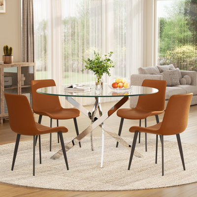 Ensemble de salle à manger moderne en verre rond, table en acier inoxydable avec chaises en cuir de polyuréthane, ensemble de salle à manger et de cuisine contemporain pour 4 à 6 personnes, luxe et économie d'espace