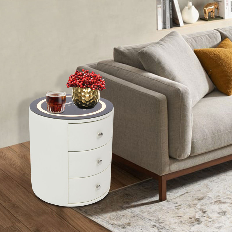 Table de chevet ronde à 3 niveaux avec DEL et charge sans fil, Blanc