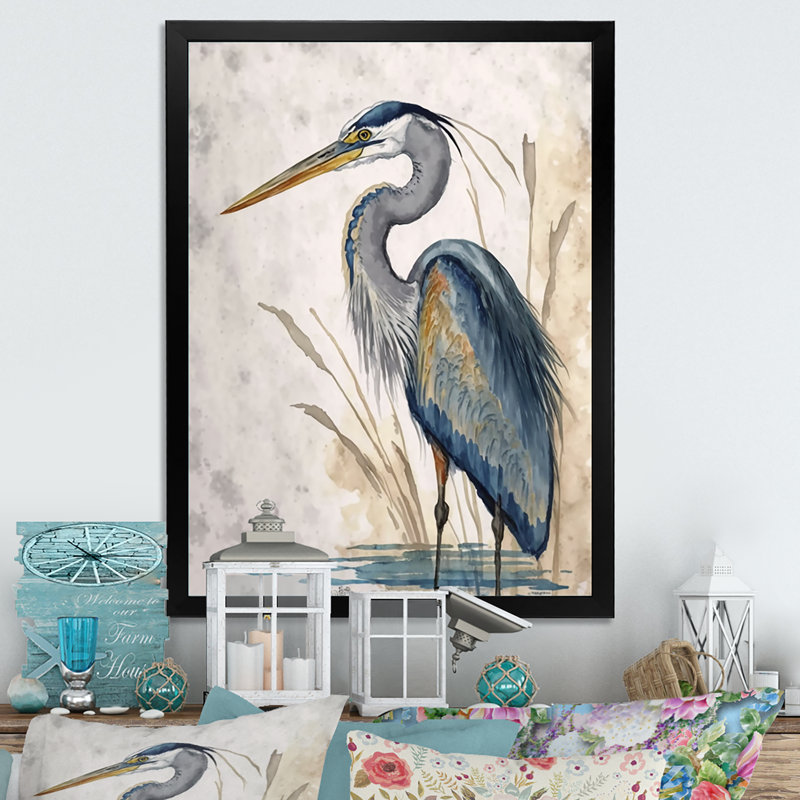 «Passabe Heron By The Waterside Watercolor II», reproduction d'art sur toile, H 20 po x l 12 po, Toile avec cadre photo, Noir