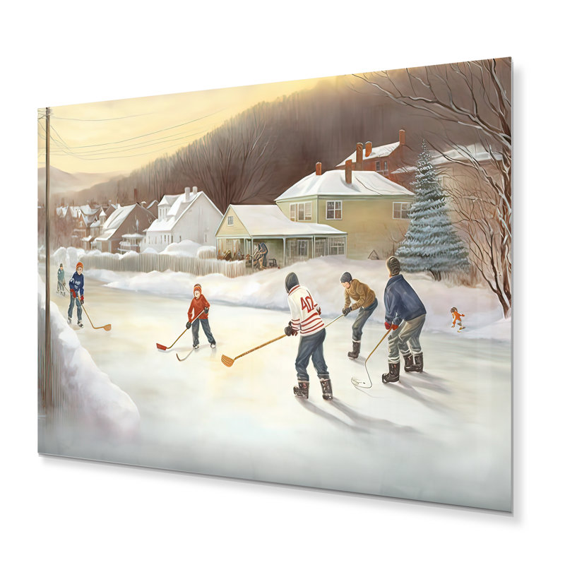 Enfants jouant au hockey en hiver IV - Impression sur métal non encadrée, H 34 po x l 44 po