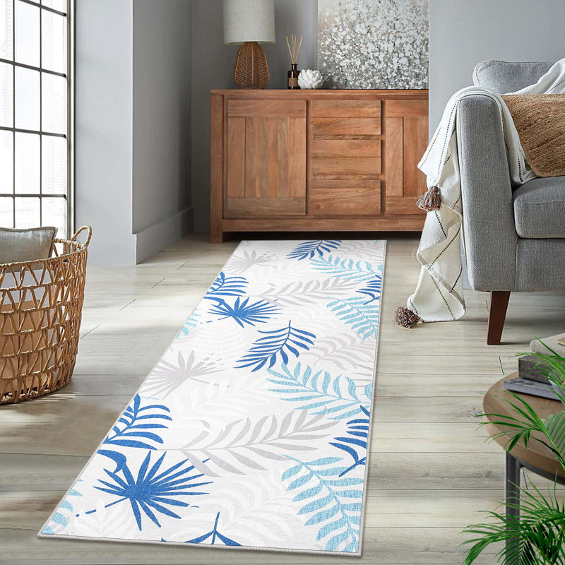 Blue and White Floral Synthetic Runner Rug 2' x 6'