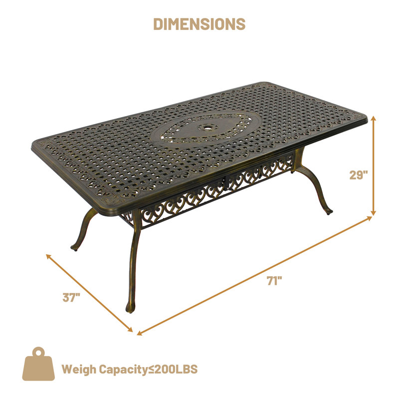 Vahag 71“W Classical Rectangular Cast Aluminum Outdoor Dining Table, 37'' W x 71'' L x 29'' H