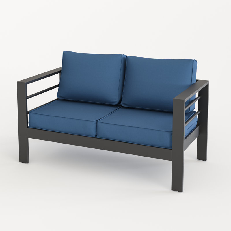 Outdoor Aluminum Loveseat, Navy Blue/Gray