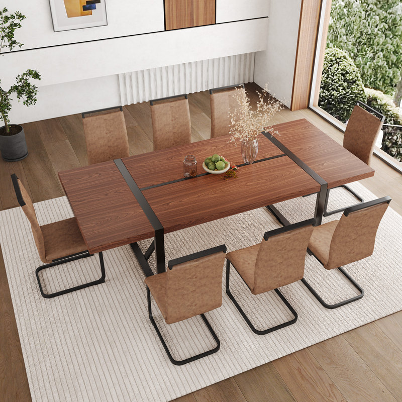 Ensemble de table de salle à manger en bois 87 po avec chaise rembourrée en cuir PU, 9 pièces : table, 8 chaises, Walnut