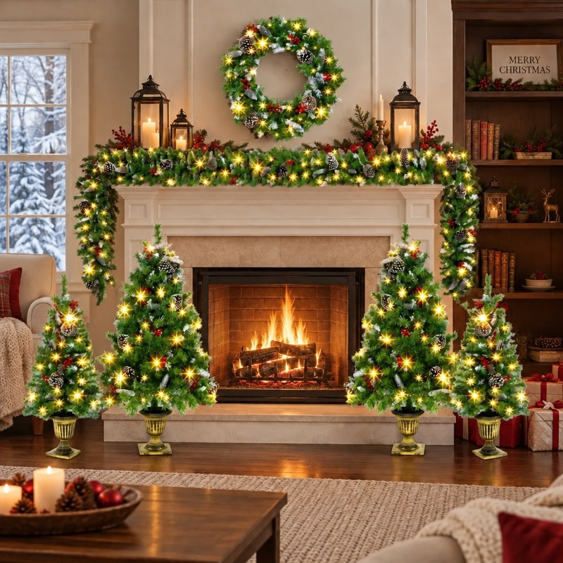 Assortiment de 6 pièces de sapins persistants, 4 arbres avec bases robustes, 1 couronne illuminée, 1 guirlande lumineuse, lumières blanc chaud