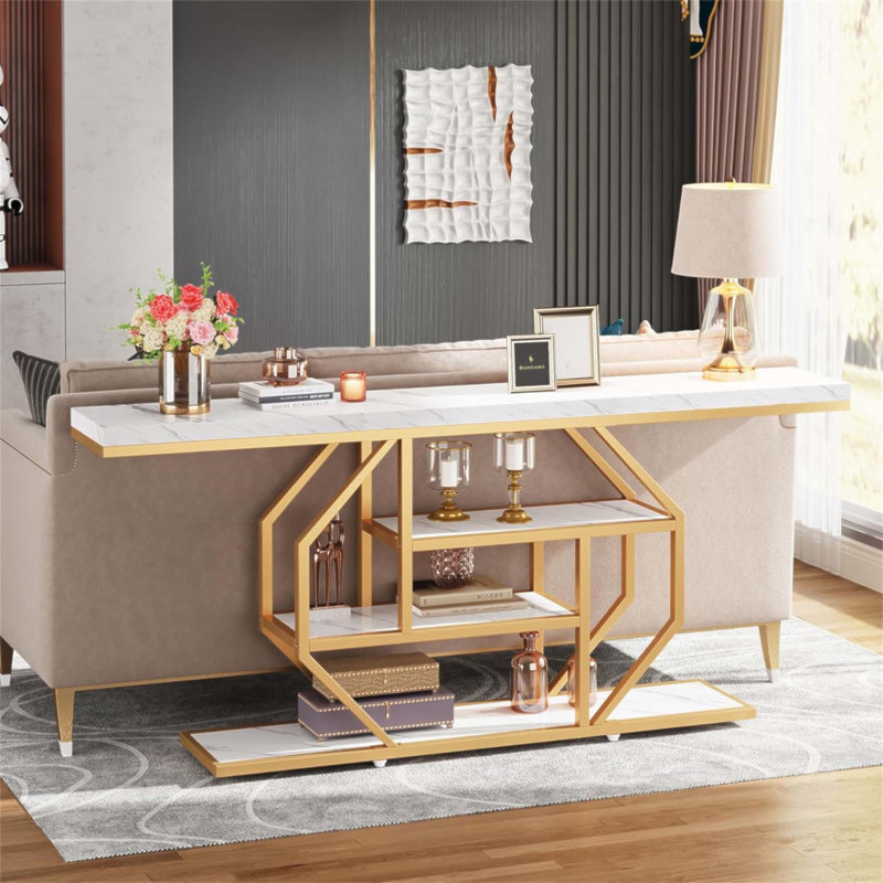 70.9 Inch Extra Long Faux Marble Console Table with 4-Tier Storage, Ideal for Modern Living and Elegant Home Decor