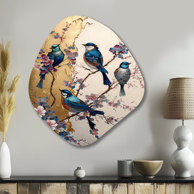 Décoration murale en métal multicolore oiseaux sur prunier II - forme nébuleuse d'oiseaux