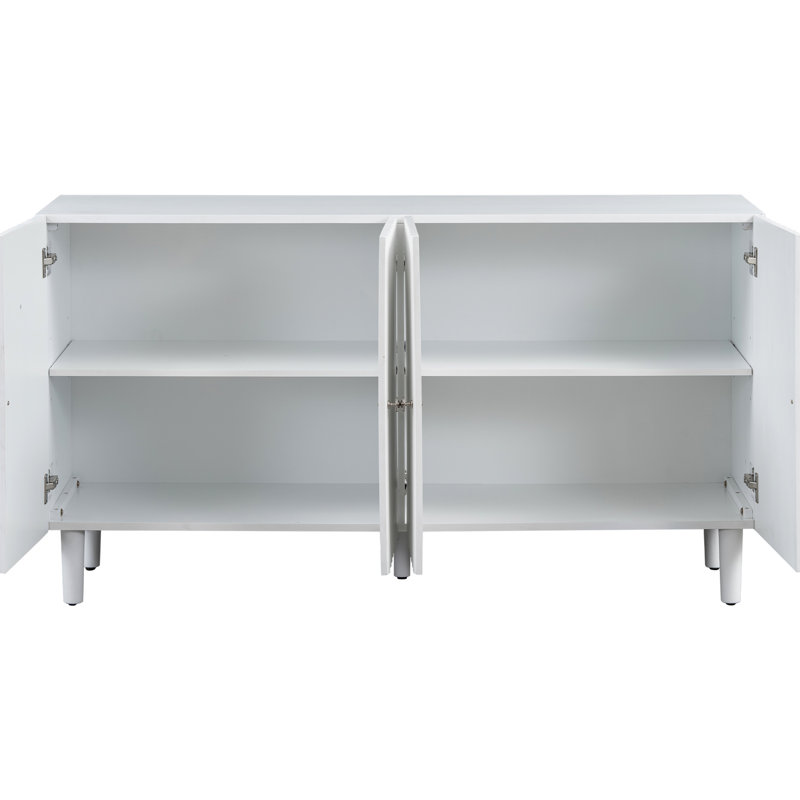 Buffet moderne de 58 pouces de large avec portes à motif ondulé, armoire de rangement de 32 po de hauteur avec tablettes réglables et poignées en métal, blanc