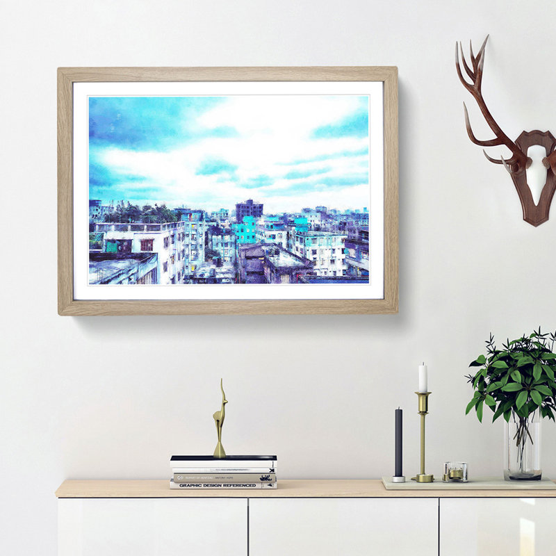 Skyline of Dhaka in Bangladesh - Picture Frame Painting Print on MDF, Oak Framed, 33cm H x 45cm W x 2cm D