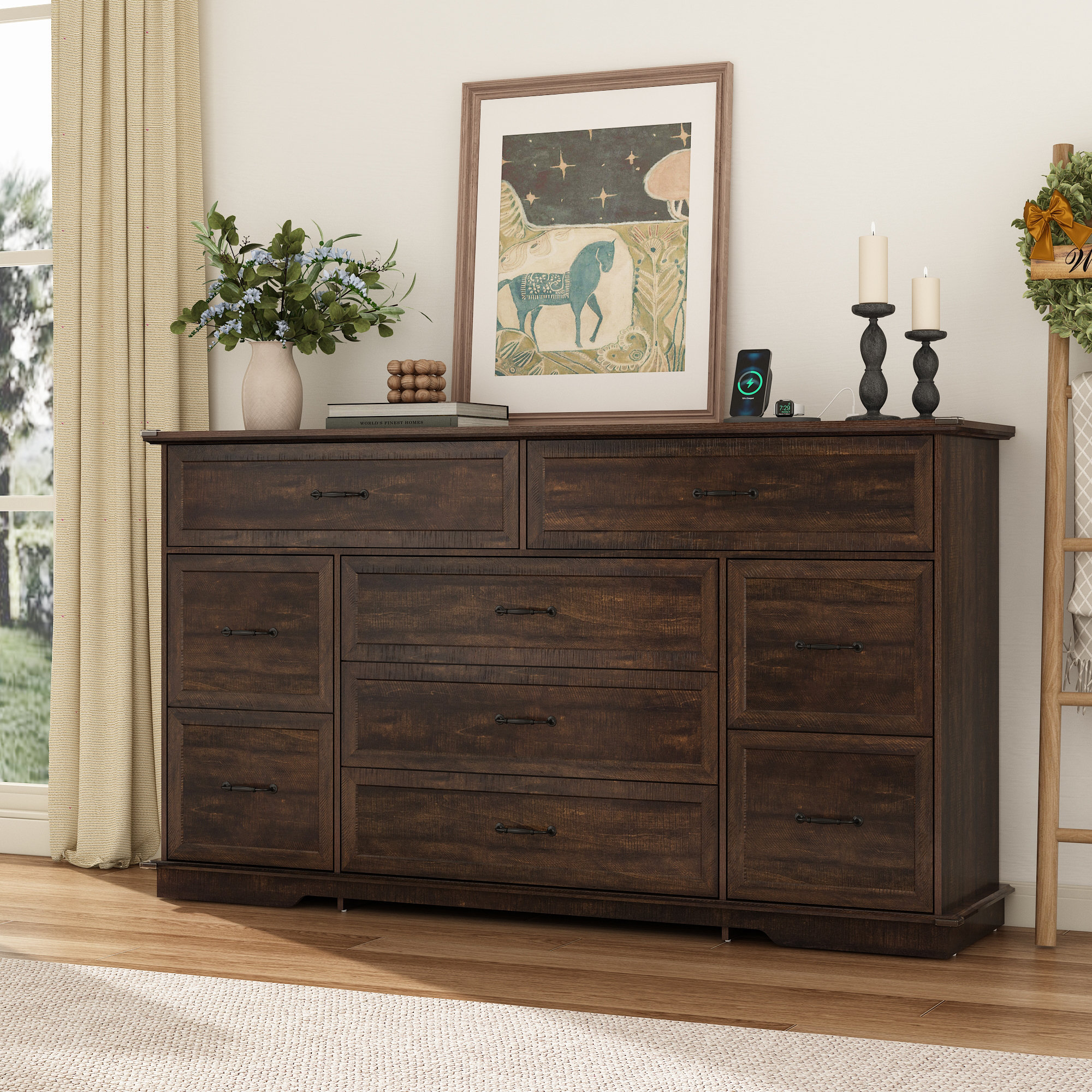 Winston Porter 63" Farmhouse Wood Dresser with 9 Drawers & Charging Station, Rustic Storage Cabinet, Multi-Functional TV Stand for Bedroom, Living Room & Entryway & Reviews | Wayfair