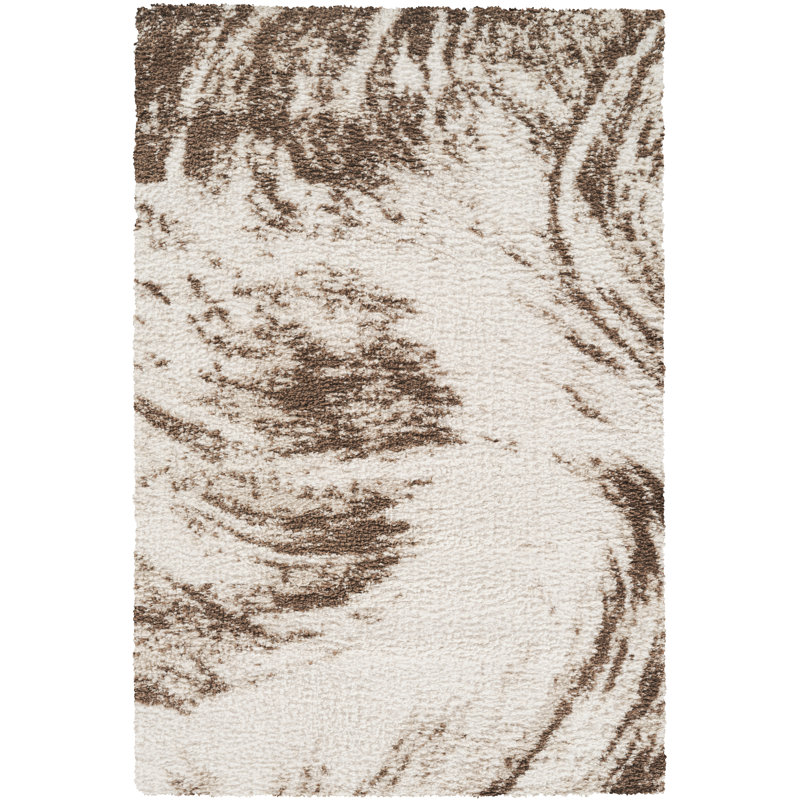 Serene Ivory & Brown Abstract Shag Modern Rug, Ivory/Brown, 4'10" x 8'0"