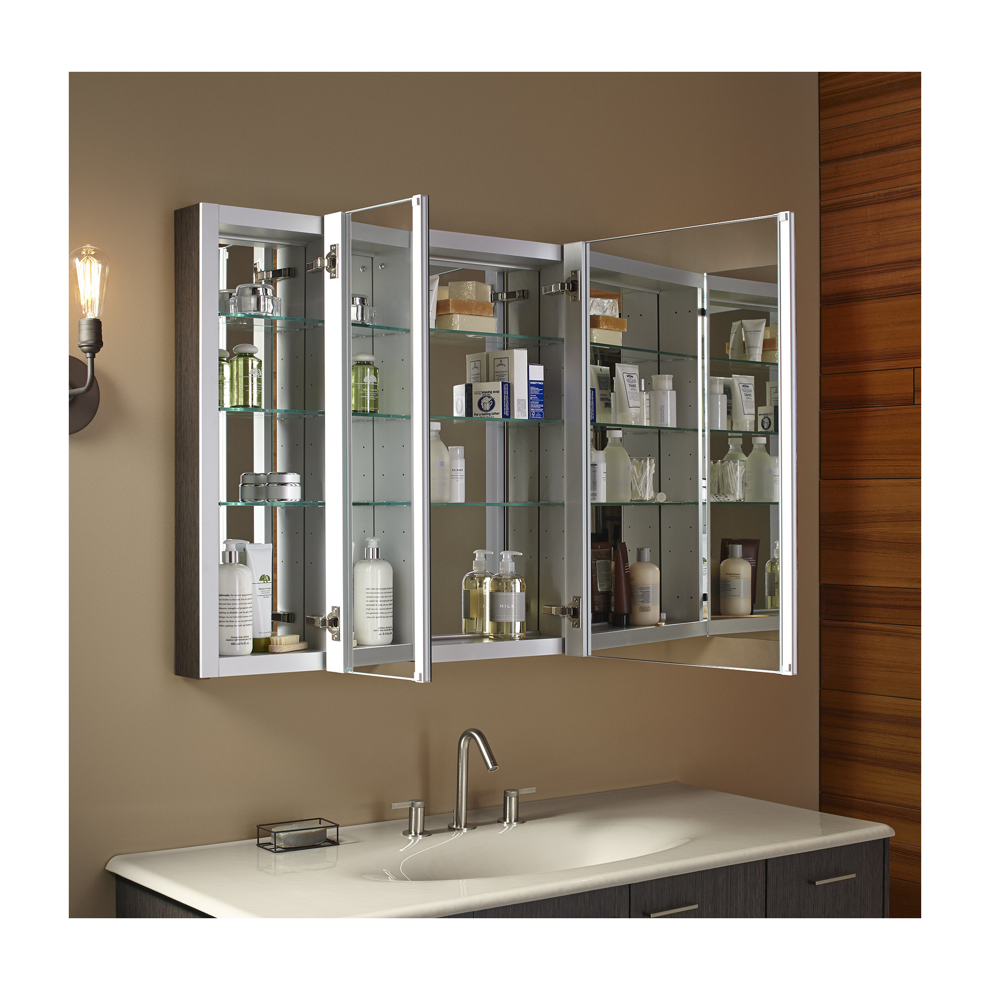 KOHLER Verdera Aluminum Triple-Door Medicine Cabinet, Frameless with Adjustable Shelves, 30"H x 40"W x 4.75" D