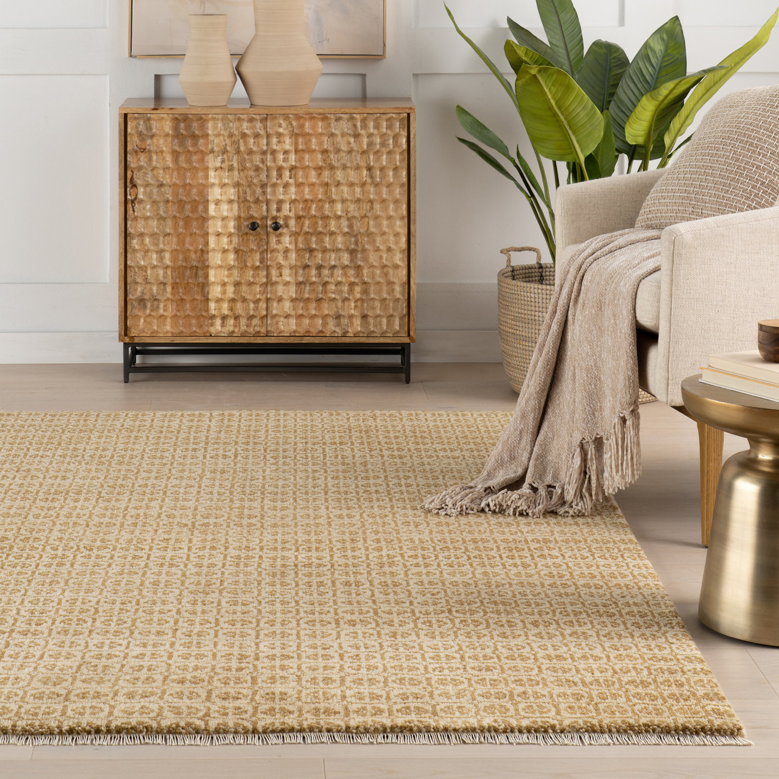 Ochre Hand-Knotted Geometric Wool Rug, Rectangle 7'6" x 9'6"