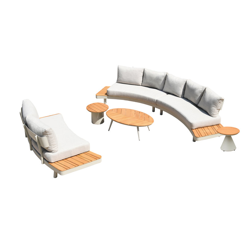 Deko Living 6 Place Seating Outdoor Aluminum and Teak Contour Sofa Set, Cream