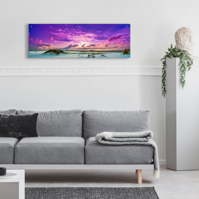«Purple Clouds Skyscape Sunset Over Beach Sand Dune» par Ezra Tanner, acrylique, H 16 po x l 48 po