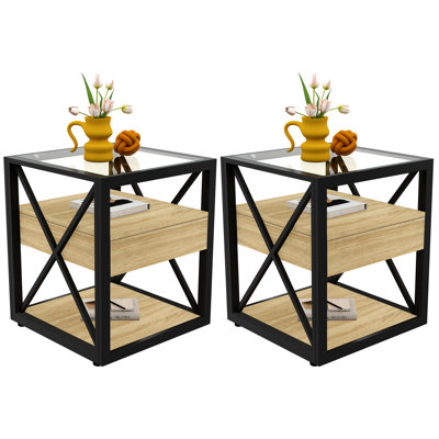 Set Of 2 Modern End Table With Drawer - Nightstand For Bedroom & Living Room, Natural Wood MDF  & Tempered Glass Top, Industrial Style Side Table