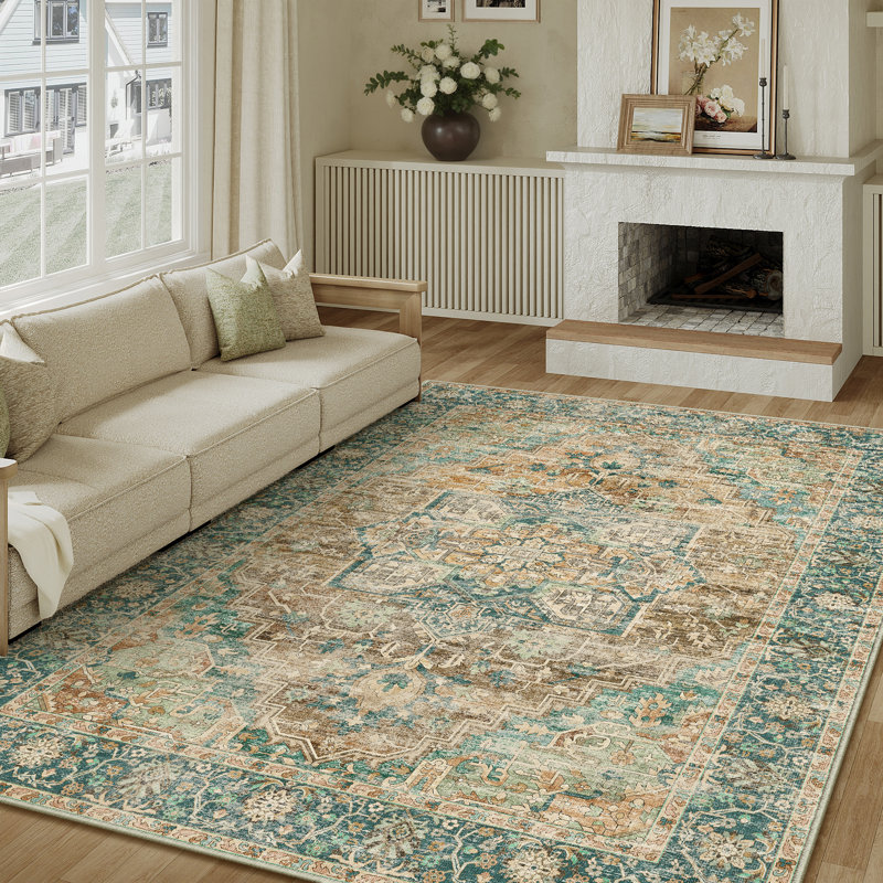 Machine Washable Vintage Multi-Color Area Rug With Non-Slip Backing, Rectangle 9' x 12'