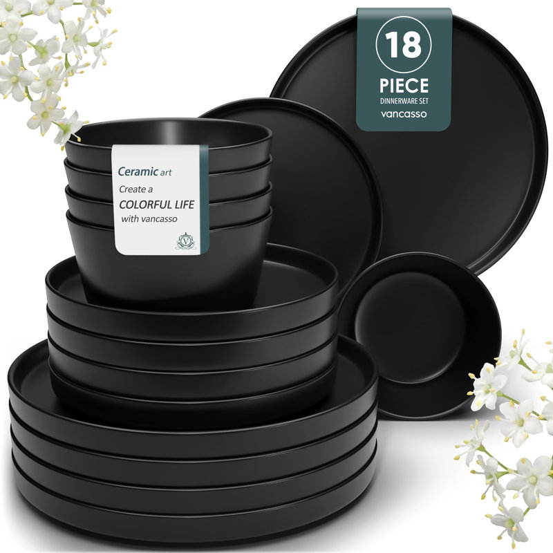 18 Piece Stoneware Dinnerware Set - Service for 6, Black