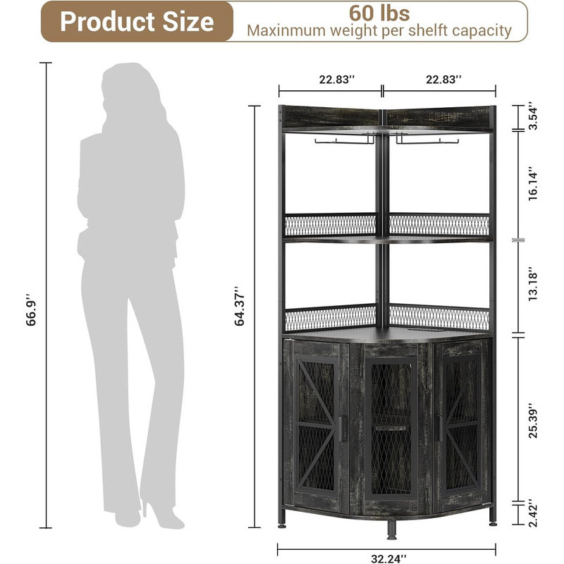 64" Tall Corner Bar Cabinet with LED Strip – 5-Tier Industrial Cabinet with Power Outlet & Glass Holder, Wine/Display Cabinet for Small Spaces