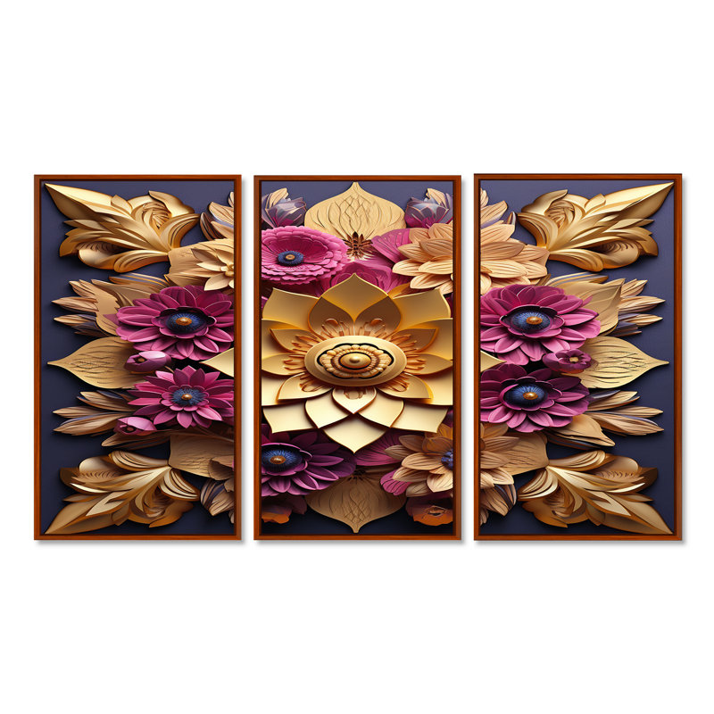 Balen - lot d'art mural lotus, H 40 po x l 60 po x P 1 po, Cadre flottant brun