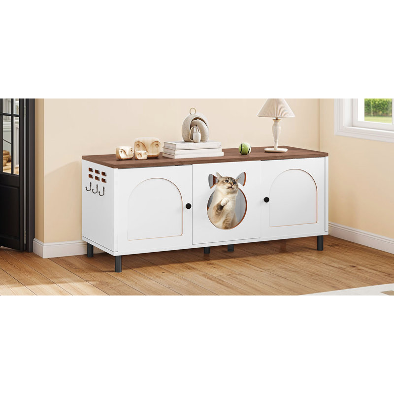 Furniture Style Double Cat Litter Box Enclosure with Scratching Pad and Hooks, Brown/White, 20.4" H x 59" W x 18.8" D