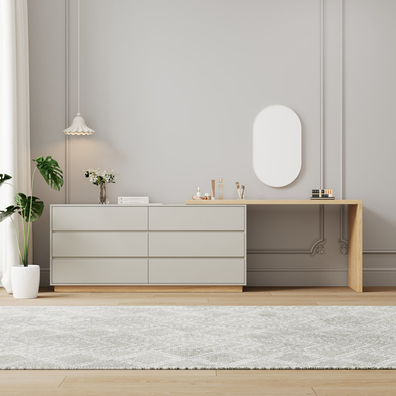 Katrisa Modern 6-Drawer Dresser with Integrated Desk/Vanity, Space-Saving Dual-Purpose Storage Unit, Natural Oak Finish