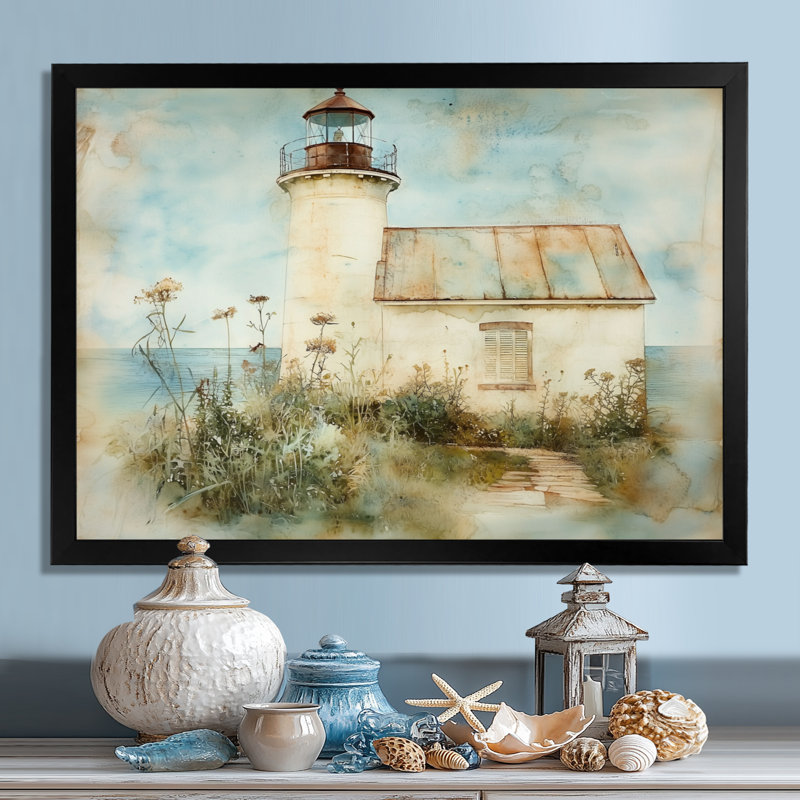 Calm, aquarelle, phare, jardin à la plage - décoration murale phares, H 24 po x l 32 po, Noir