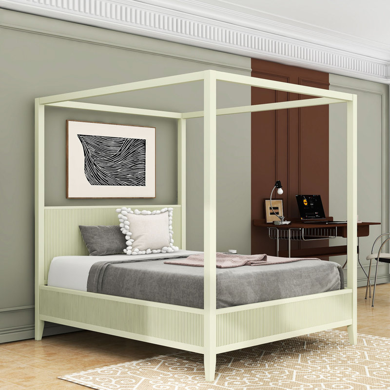 Lit plateforme à baldaquin en bois avec tête de lit, Beige, Queen