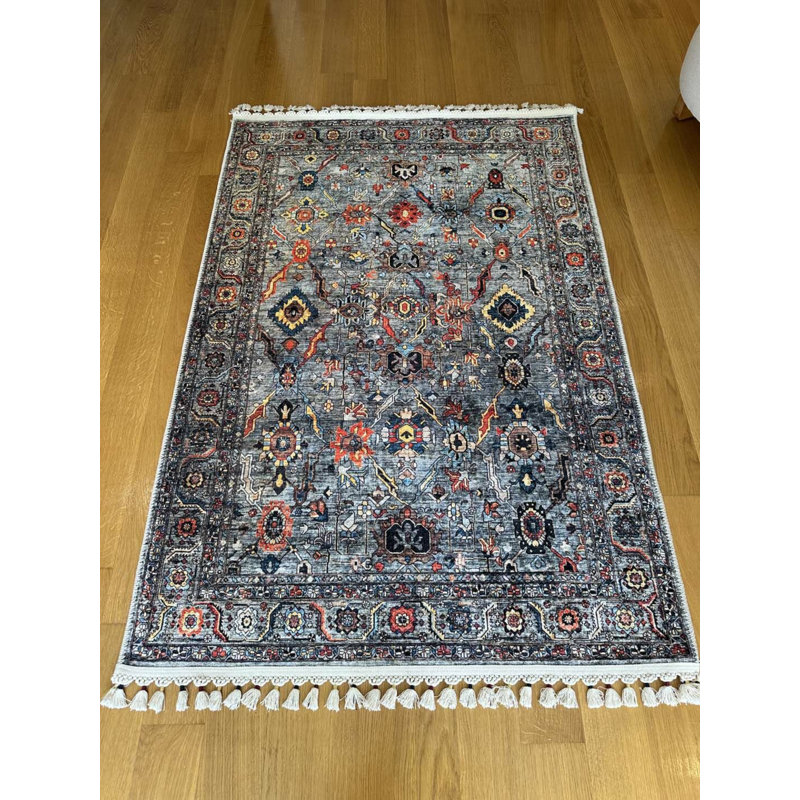 Coton imprimé marocain gris Toscana Tapis chenille antidérapant, Rectangle 3 pi 11 po x 7 pi 3 po
