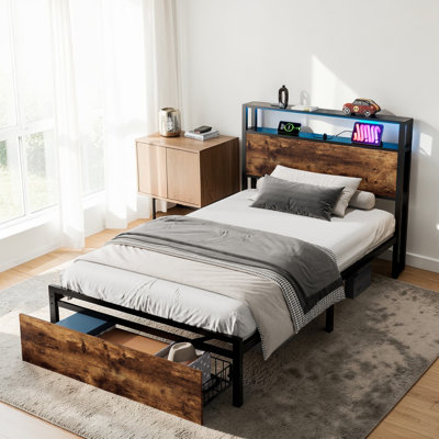 Storage Bed With LED Light Strip Controlled By  App And Bluetooth, And 2 Drawers, 2 USB Port+1 Type Multifunctional bed