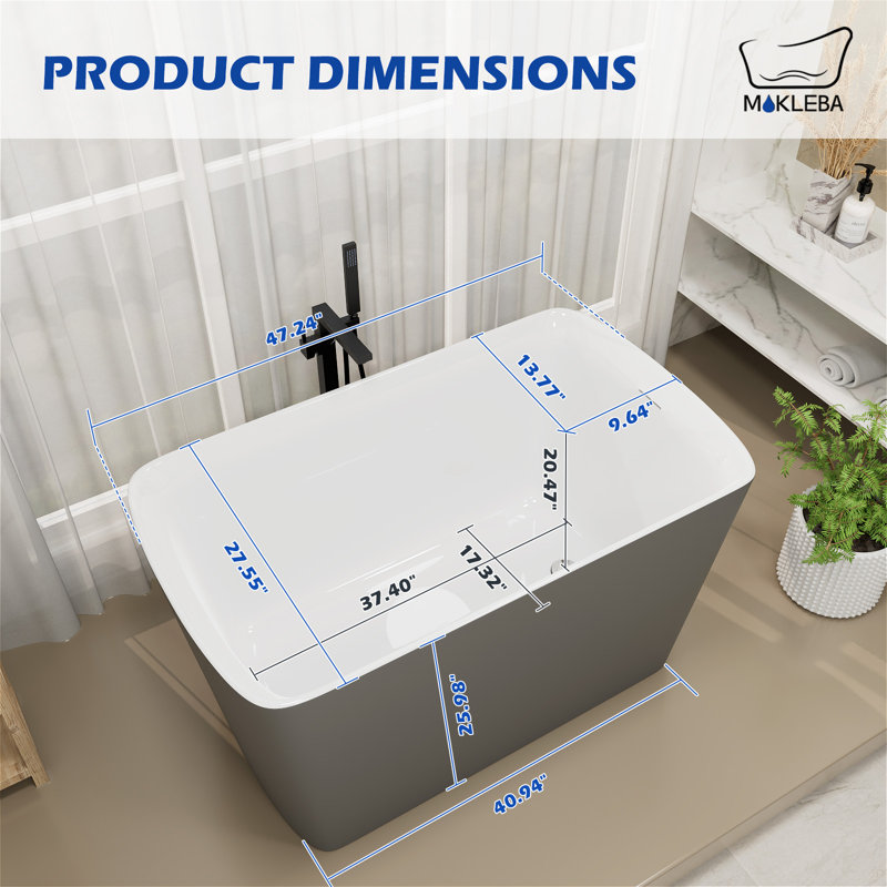 47" x 27" Modern Freestanding Acrylic Soaking Bathtub, Non-Slip Surface, Compact Design for Small Bathrooms, Matte Gray