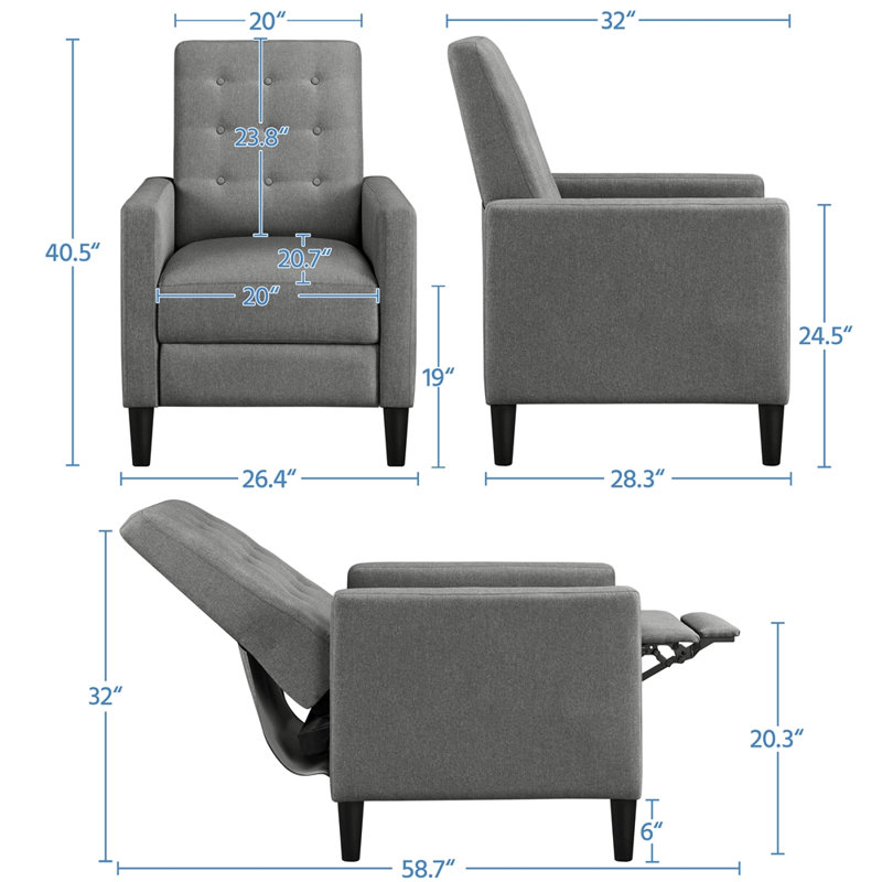 Adysyn Button Tufted Upholstered Manual Push-Back Recliner, Gray 100% Polyester