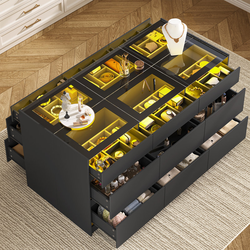 Closet Island With 18 Drawers, Jewelry Display Cabinet Island With Glass Top For Cloakroom, Black