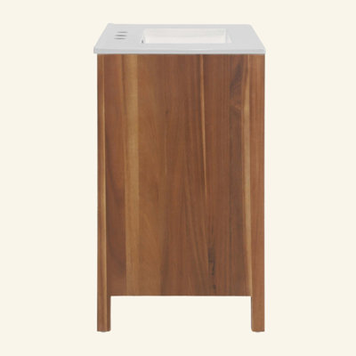 Meuble-lavabo sur pied autoportant avec comptoir en céramique blanc intégré, armoire à chevrons en placage de bois d'acacia naturel à finition lisse, portes à fermeture en douceur et tiroir à extension complète